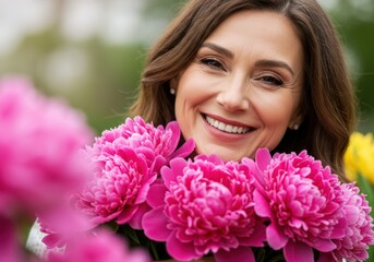 Naklejka premium Smiling woman surrounded by vibrant pink flowers in a garden setting