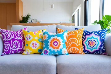 Colorful throw pillows on modern sofa in bright living room