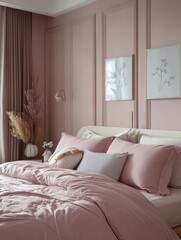 A cozy bedroom interior with elegant blush color scheme