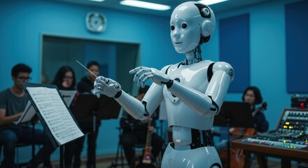 Naklejka premium Robot conductor leading orchestra in futuristic music studio setting