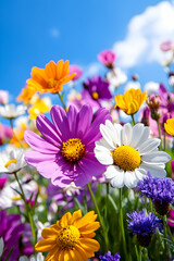 Colorful wildflowers bloom under a sunny sky