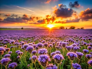 Fototapeta premium Purple Phacelia Field Sunset - Vibrant Agricultural Landscape Photography