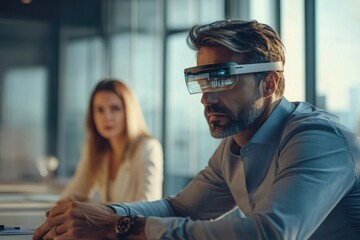 A businessman wearing smart glasses is in a meeting, focusing on augmented reality data overlayed on his vision.