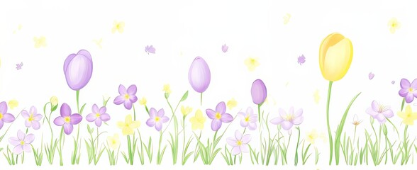 Beautiful Spring Floral Border Illustration with Colorful Wildflowers and Greenery, pastel colors on white background
