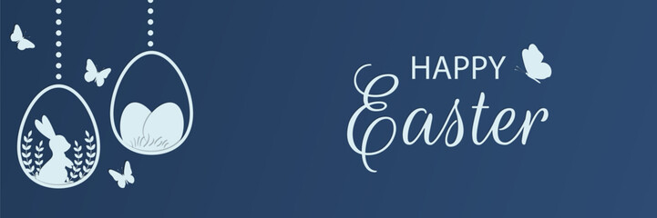 Festive horizontal Happy Easter banner with cut paper effect. Design with Easter eggs, bunny, butterflies on blue background. Vector illustration