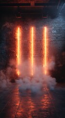 Neon light installation illuminates a dark, misty industrial space in an urban setting during nighttime