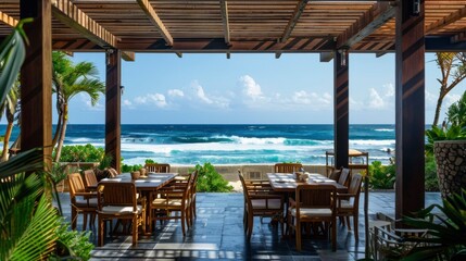 Obraz premium Oceanfront Restaurant Patio with Wooden Pergola