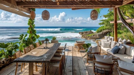 Fototapeta premium Rustic Oceanfront Patio with Wooden Dining Table and Comfortable Seating