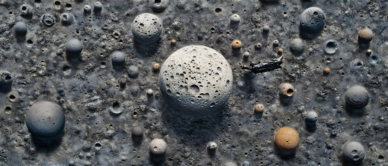 A stylized aerial view depicts a gray, cratered landscape dotted with many spherical objects of varying sizes