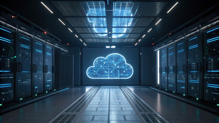 Cloud Computing concept, futuristic data center with cloud technology and holographic displays, showcasing advanced security features