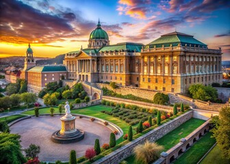 Naklejka premium Rebuilt Royal Riding Hall Buda Castle, panoramic landscape view, historical building, Budapest, Hungary
