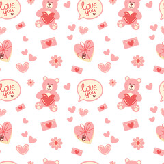 St Valentines day pattern with teddy bear. Vector illustration in flat style.