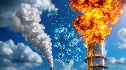 Obraz premium Dramatic explosion at an industrial power facility causes a catastrophic fire