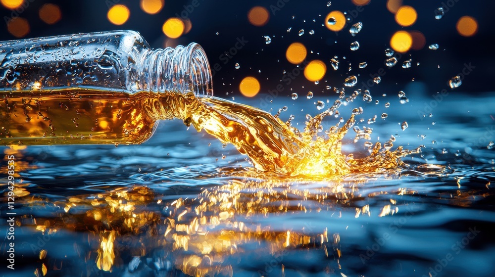 Poster energetic water splash erupting from glass bottle with blurred colorful lights in the background cre