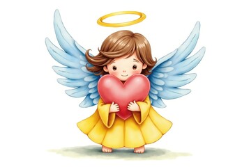 Illustration of Angel with Wings Holding Heart