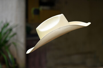 cowboy style hat straw hat with black ribbon isolated on white background, straw hat for women and...