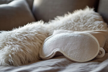 Soft sleep mask resting on cozy bed with fluffy pillows, promoting relaxation and peaceful sleep