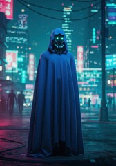 Naklejka premium Futuristic hooded figure in neon-lit cyberpunk cityscape at night