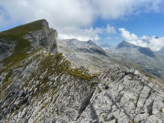 Alpine peaks Chli Hohmad (2492 m) and Gross Hohmad (2307 m) above the Tannensee lake (or Tannen lake) and in the Uri Alps mountain massif, Melchtal - Canton of Obwalden, Switzerland (Schweiz)