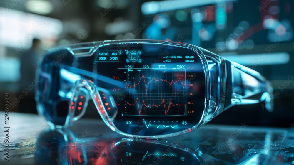Poster Smart glasses showcase real time health metrics, graphs, and data analytics during a technology research event in a modern laboratory environment focused on innovations.
