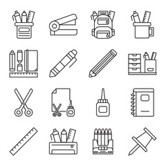 school supplies set of web icons in line style. school, supplies, stationery, pencils, notebooks and backpack. Vector illustration