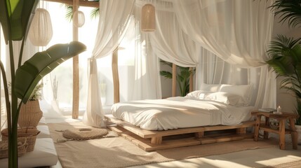 Sunlit Tropical Bedroom with White Sheer Curtains and Wooden Bed Frame