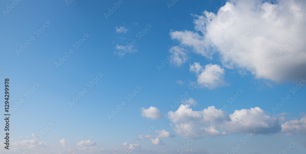 Wall mural blue sky panorama with fluffy cumulus clouds and copy space at the left side
