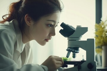 A young woman scientist intently examines a plant sample under a microscope, engrossed in scientific research.