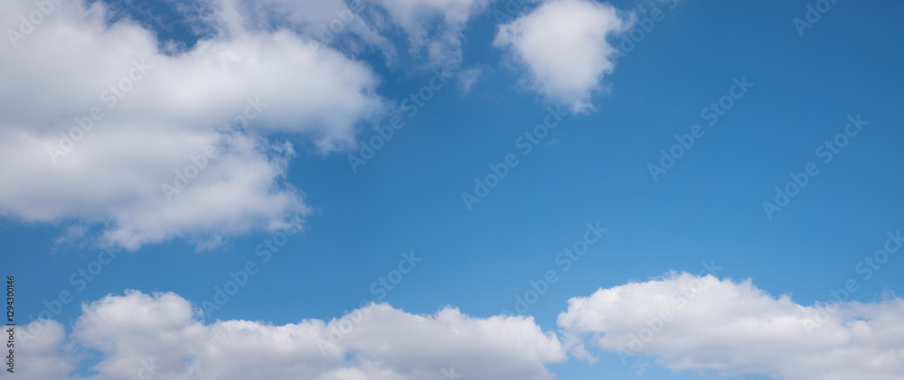 Wall mural blue sky panorama with fluffy cumulus clouds and copy space in the middle and right side