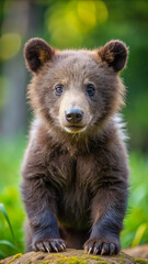 Obraz premium Cub's Curious Gaze: A charming brown bear cub, with adorable expression, gazes directly at the viewer against a verdant, blurred backdrop of nature.