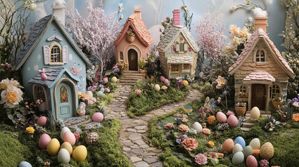 Fototapeta premium Whimsical Easter village with tiny cottages and colorful eggs