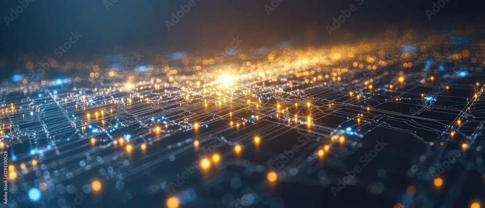 Poster abstract network background with glowing nodes and connections representing data flow and digital co