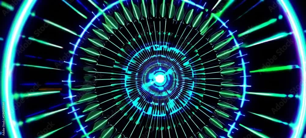Poster dynamic tunnel of neon lights creating radiant illusion with futuristic patterns and pulsating vorte