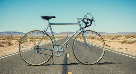 Fototapeta premium Classic road bike on open desert highway under clear blue sky