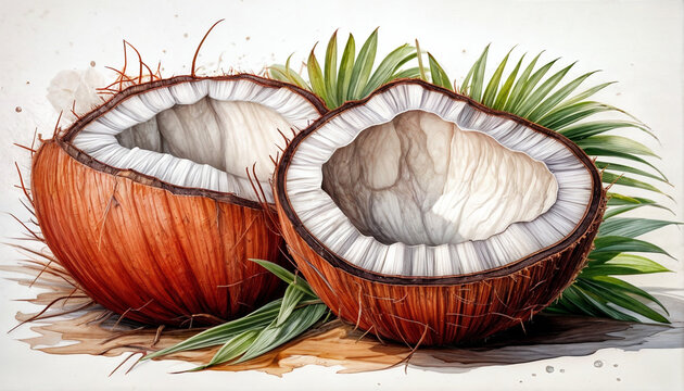 Tropische Kokosnuss &ndash; Aquarellmalerei einer exotischen Frucht