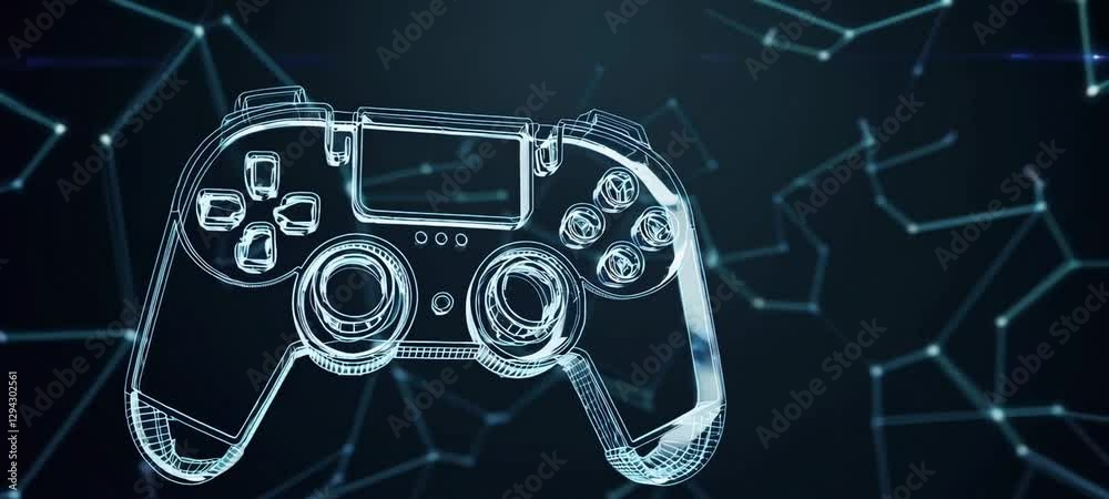 Poster evolving digital game controller: futuristic blueprint transformation sequence