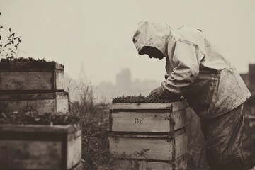 A person in a hooded coat tends to plants in wooden boxes, possibly on a rooftop garden.