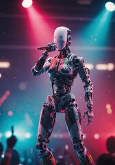 Fototapeta premium Futuristic robot performing on stage with vibrant neon lights in modern concert setting