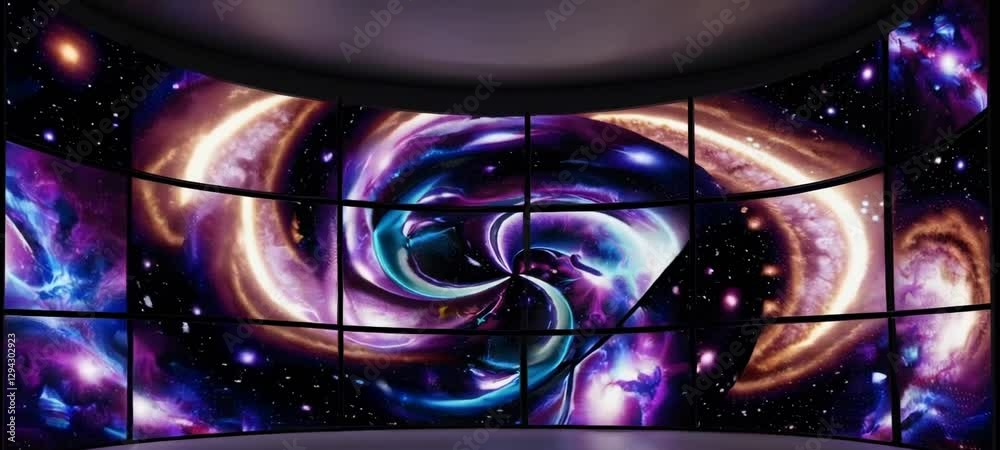 Wall mural colorful cosmic vortex swirls on curved display panels creating mesmerizing galactic atmosphere