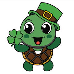 Obraz premium Cute cartoon turtle with green leaf and green hat smiling happily