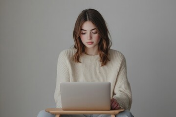 Fototapeta premium Young woman in cream sweater focused on her laptop, working from home.