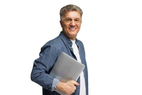 Happy older man with glasses holds laptop and smiles, showcasing confidence and modern technology