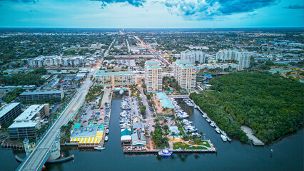 aerial view of marina at dusk
