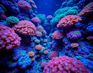Prismatic coral reef tessellation with UV-reactive polyps, forming a vibrant underwater kaleidoscope of marine hues.