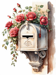 watercolor mailbox with roses