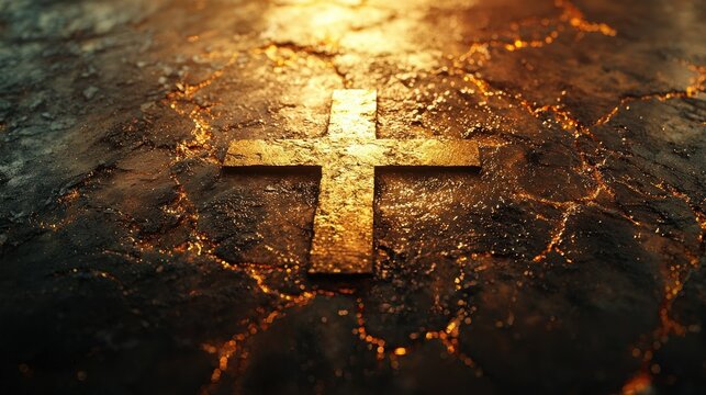 Golden cross on fiery cracked earth. Background of hellish heat.  Use Religious, faith, devotion
