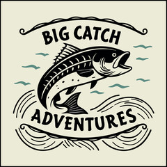 Big Catch Adventures- T-Shirt Design with Jumping Bass Illustration and Water Elements