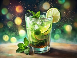 Fototapeta premium Refreshing Mojito Cocktail with Bokeh Background - Summer Drink Photography