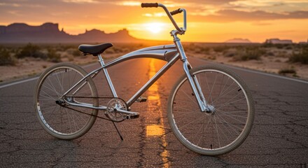 Fototapeta premium Retro bicycle on desert road at sunset with striking silhouette and colorful sky