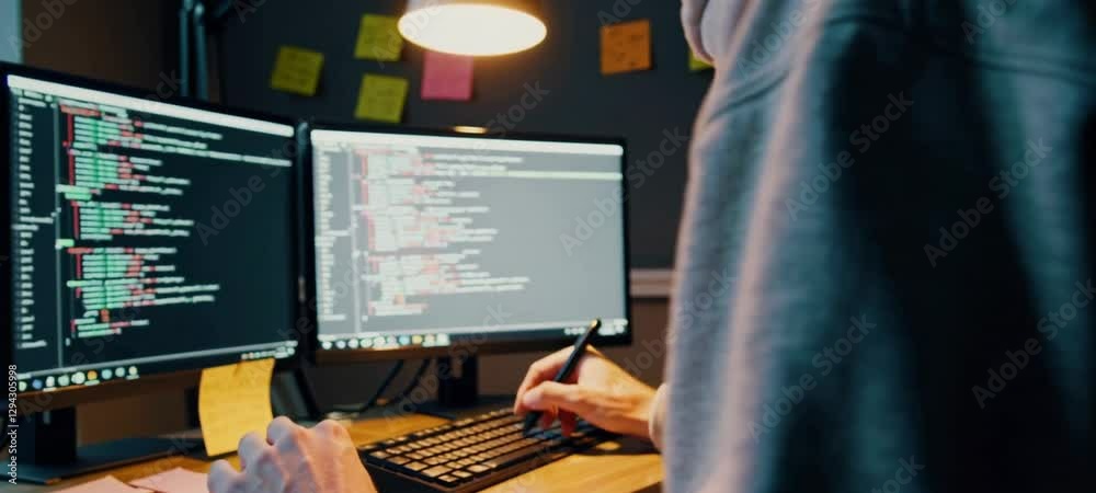 Poster focused programmer writes and tests code in modern workspace with multiple monitors